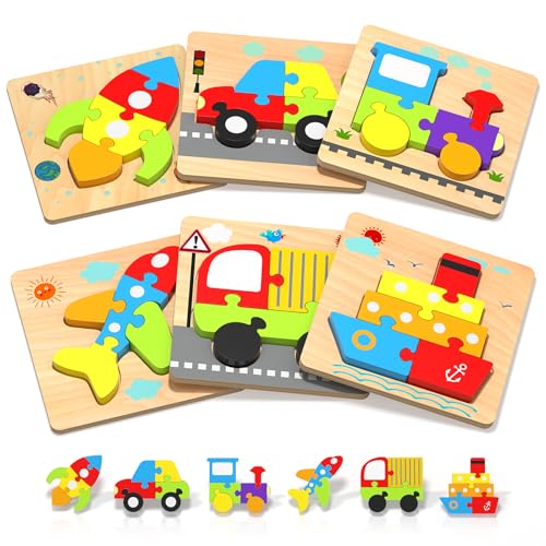 Oomloid Wooden Vehicle Puzzles for Toddlers 1-3 Years – 6-Piece Montessori Shape Learning Toy with Storage Box