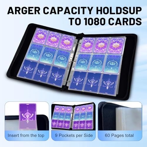 Opaalic 9 Pocket Trading Card Binder – Holds 1080 Cards, PU Leather, 60 Removable Sleeves for MTG, TCG, Sports Cards