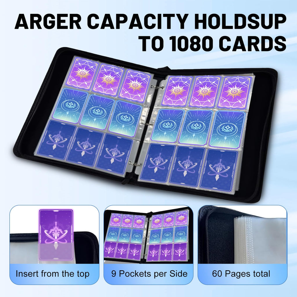 Opaalic 9 Pocket Trading Card Binder – Holds 1080 Cards, PU Leather, 60 Removable Sleeves for MTG, TCG, Sports Cards