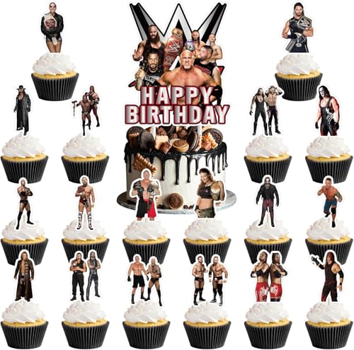 Optiacan 37-Piece Wrestling Cake Topper Set for Birthday Party Decor