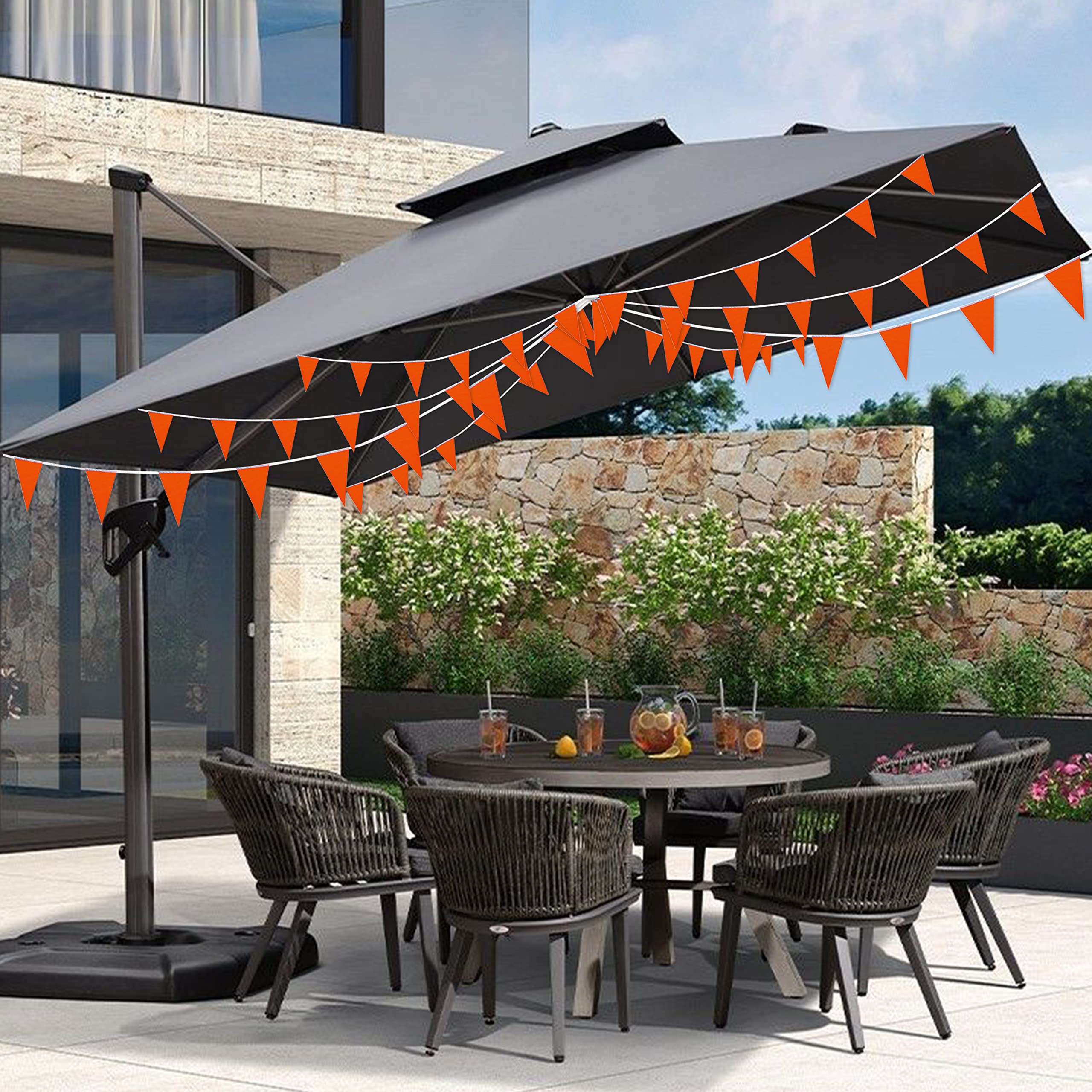 Orange Triangle Bunting Flags - 60 Pack, 100 Feet String, for Grand Openings and Parties by Consummate