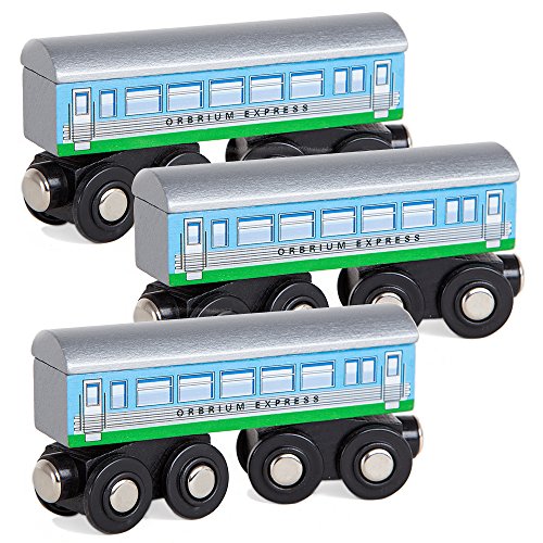 Orbrium 3-Pack Large Wooden Railway Express Coach Cars – Compatible with Thomas, Brio & More
