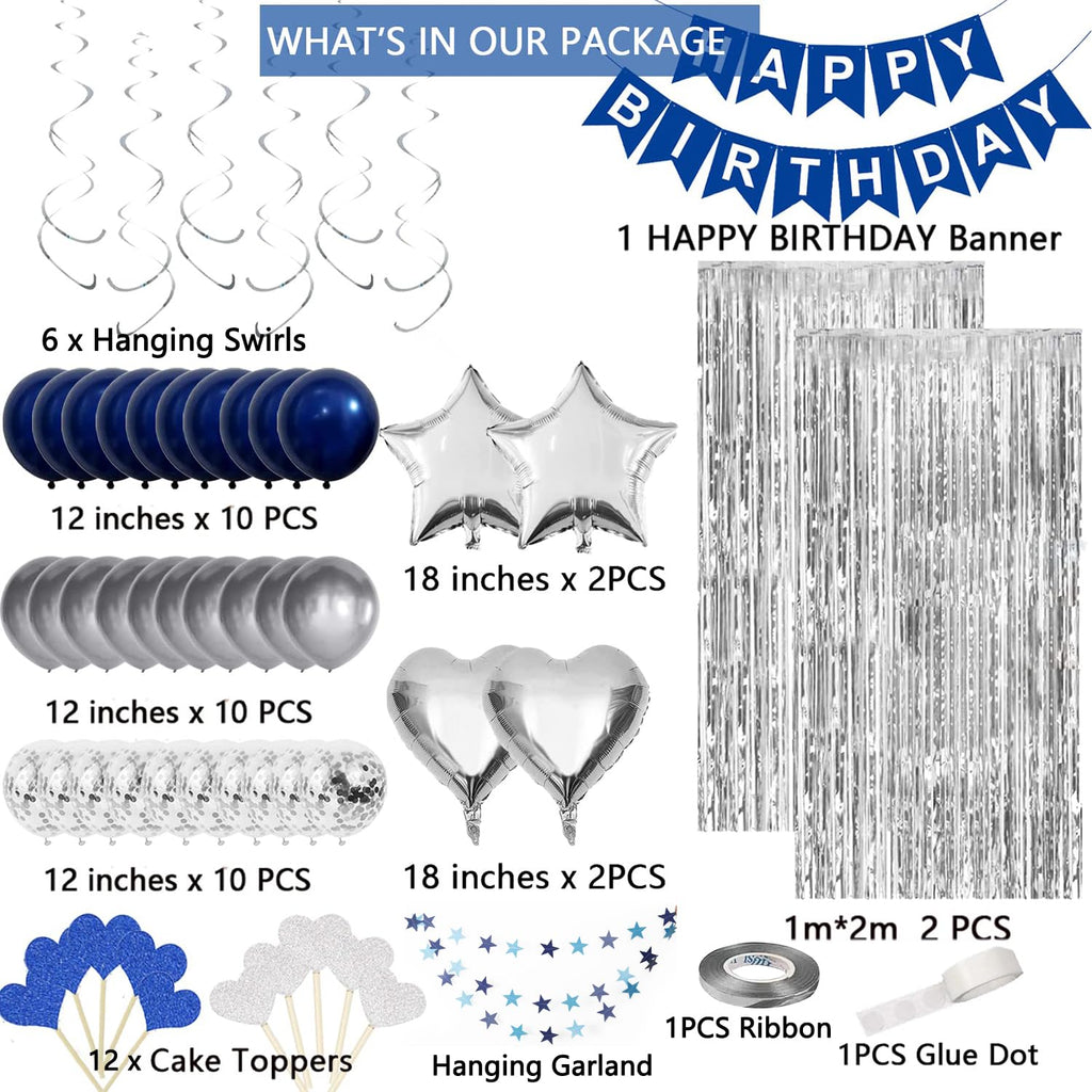 ORDA Blue Silver Birthday Decorations - 54 Piece Set for 16th to 70th Parties