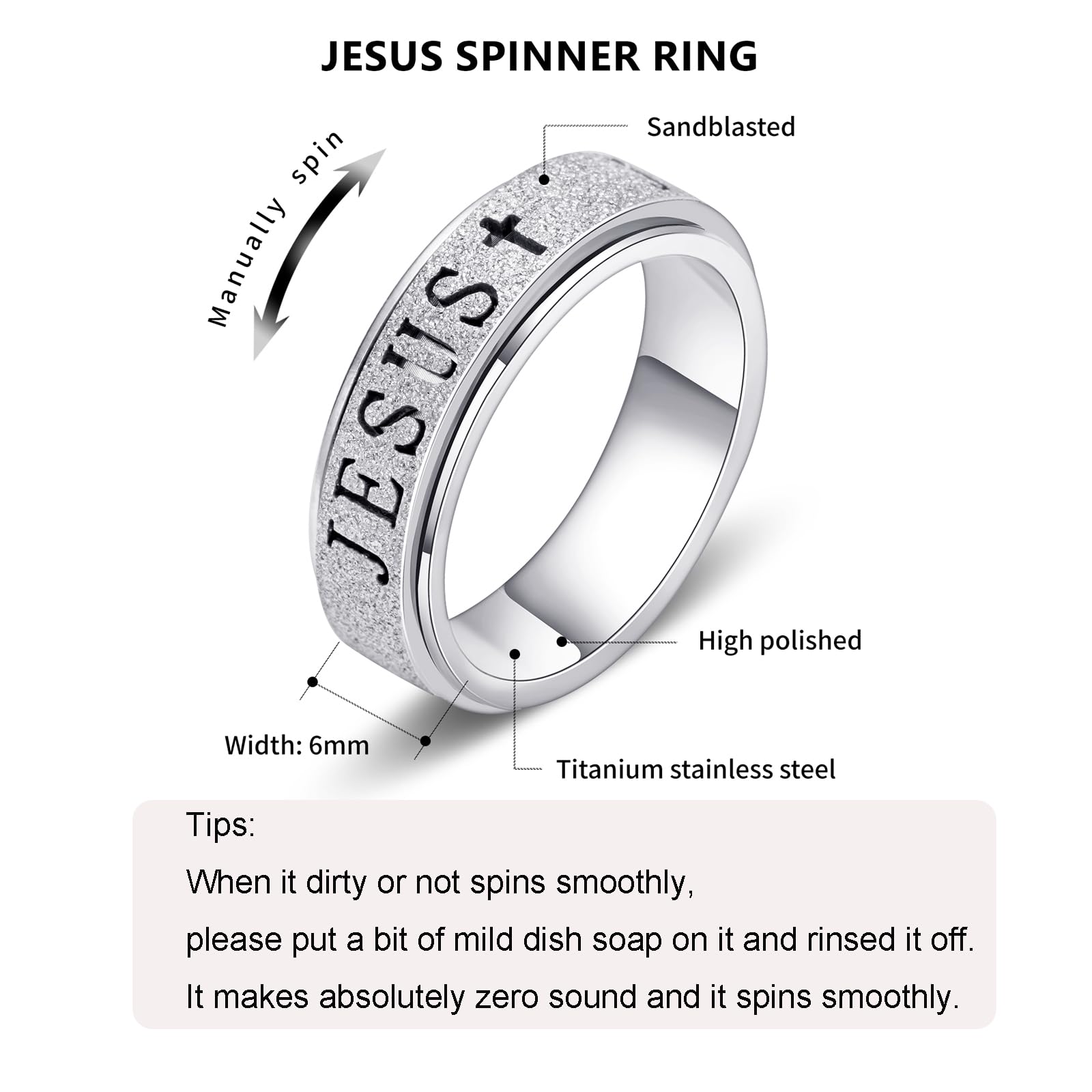 OreilleStar Stainless Steel Cross Fidget Spinner Ring for Women - Anxiety Relief Finger Toy (Size 5-10, Gold/Silver)