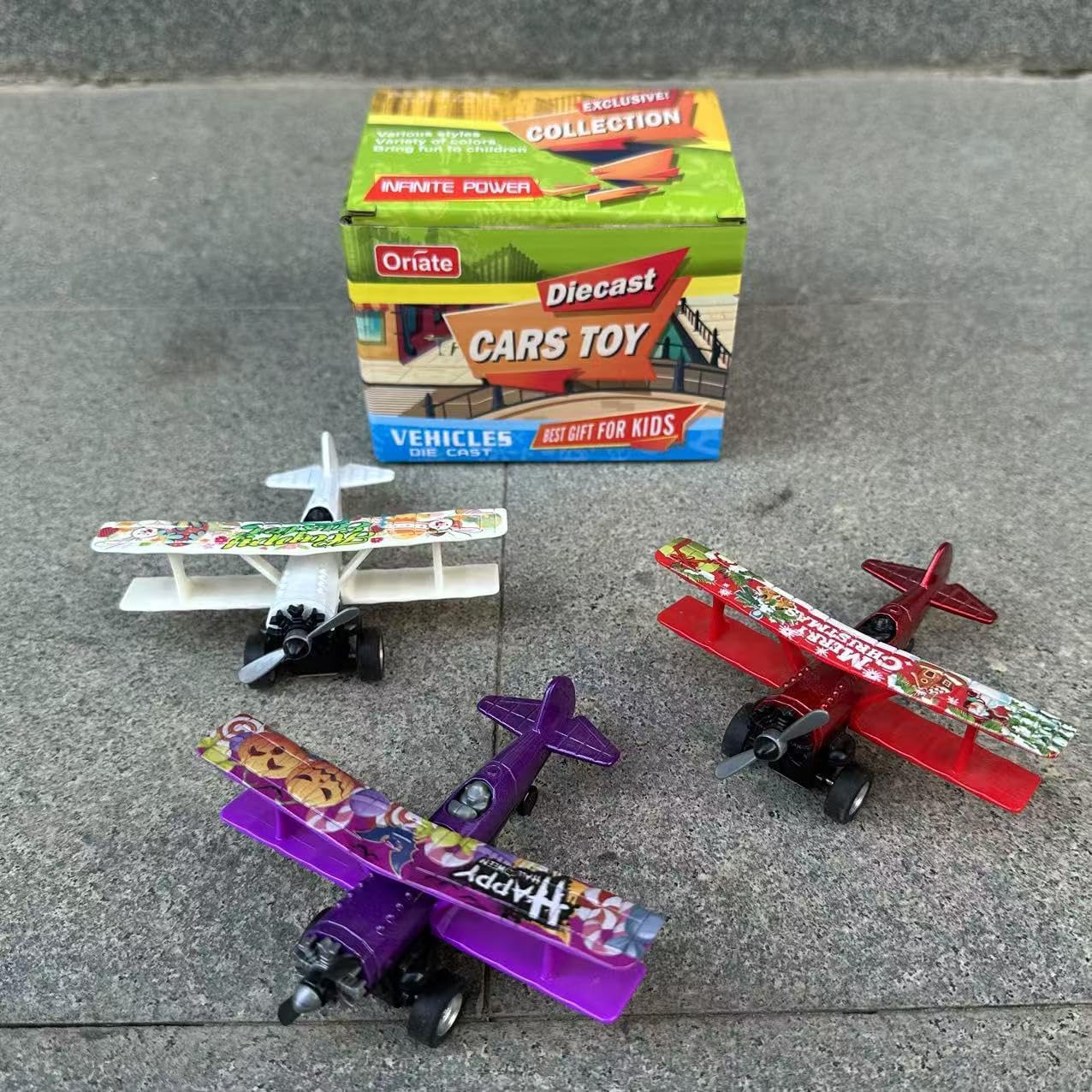 Oriate 3-Pack Die-Cast Pull Back Toy Airplane Set – Easter, Halloween, Christmas – 4.5 Inch Party Favors for Kids Age 3+