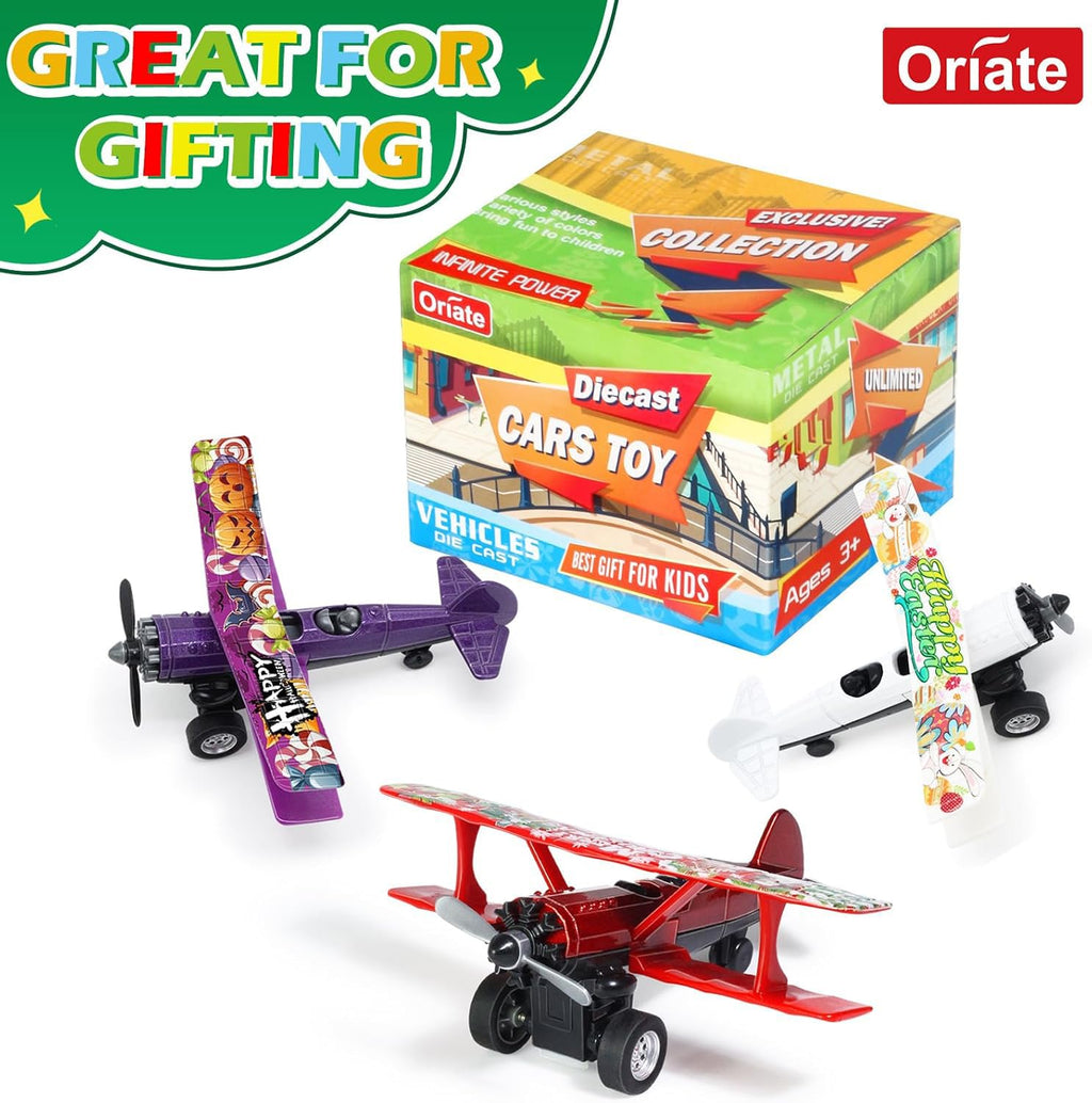 Oriate 3-Pack Die-Cast Pull Back Toy Airplane Set – Easter, Halloween, Christmas – 4.5 Inch Party Favors for Kids Age 3+