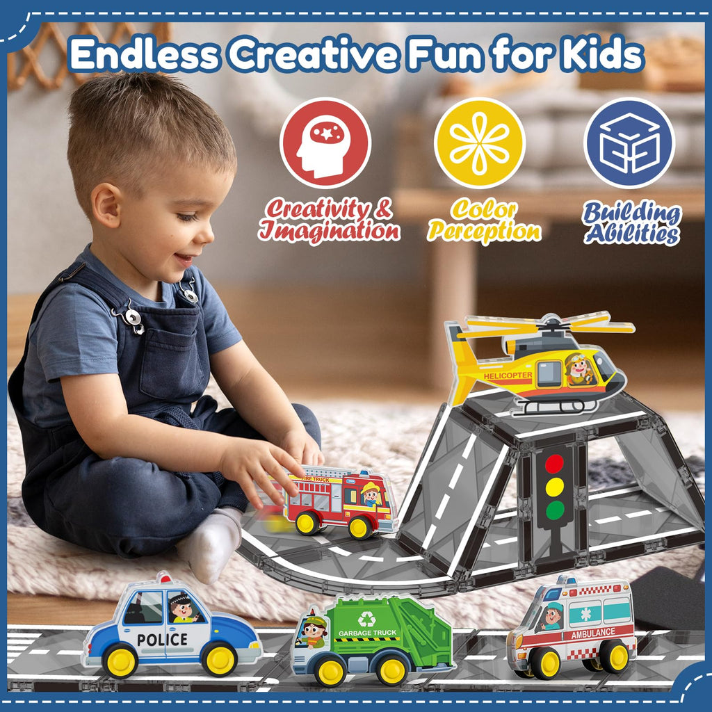 Oriate 5-in-1 Magnetic City Vehicle Set – Free Wheels Rescue Toy Cars for Magnetic Tiles