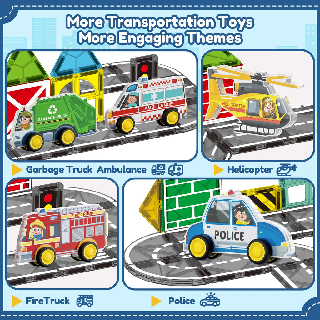 Oriate 5-in-1 Magnetic City Vehicle Set – Free Wheels Rescue Toy Cars for Magnetic Tiles
