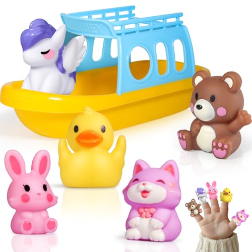 Oriate Bath Boat and Finger Puppets - 5 Silicone Animal Puppets with Floating Boat for Toddlers