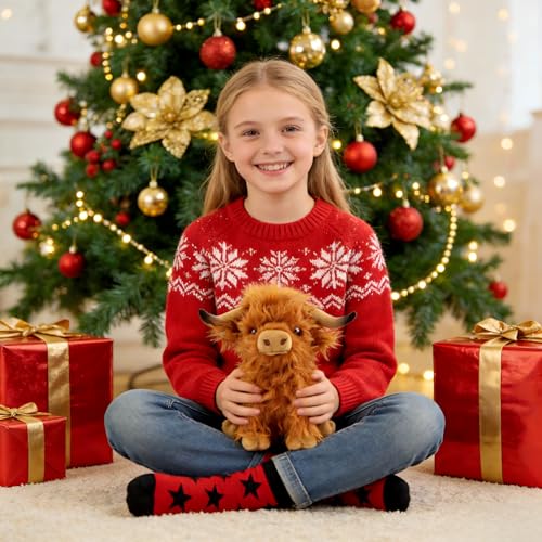 OROZCOR Brown Highland Cow Stuffed Animal – 10.5-Inch Fluffy Farm Plush Toy