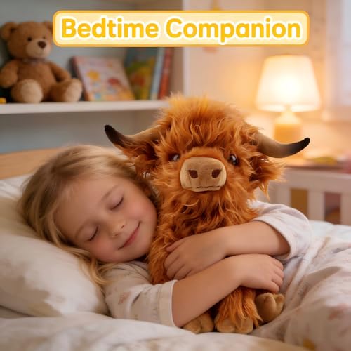 OROZCOR Brown Highland Cow Stuffed Animal – 10.5-Inch Fluffy Farm Plush Toy