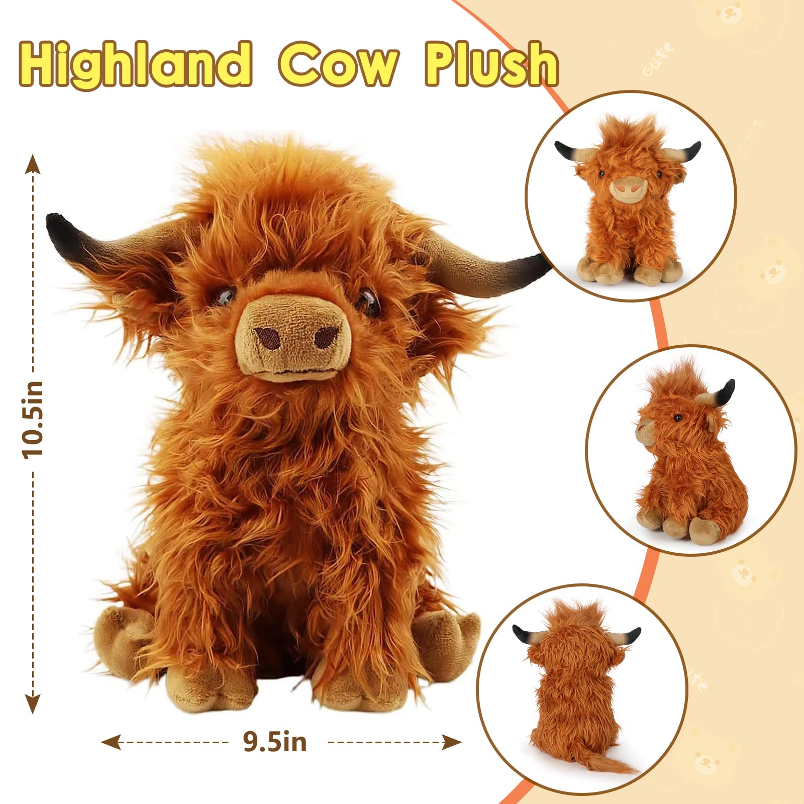 OROZCOR Brown Highland Cow Stuffed Animal – 10.5-Inch Fluffy Farm Plush Toy