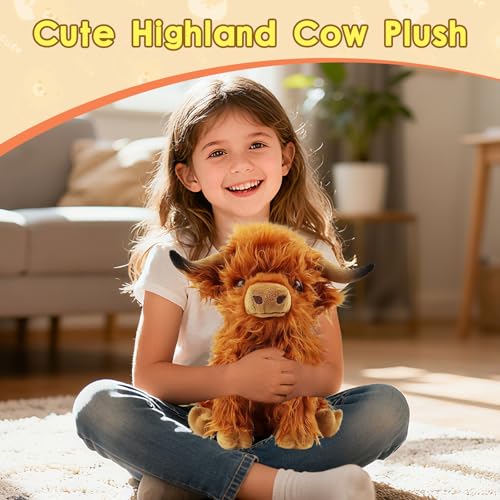 OROZCOR Brown Highland Cow Stuffed Animal – 10.5-Inch Fluffy Farm Plush Toy