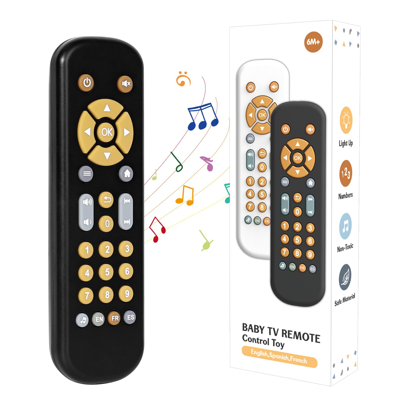 Orzbow Baby Remote Control Toy – Musical Toy with Realistic Light & Sound, English/French/Spanish, BPA-Free, Black (6 Months+)