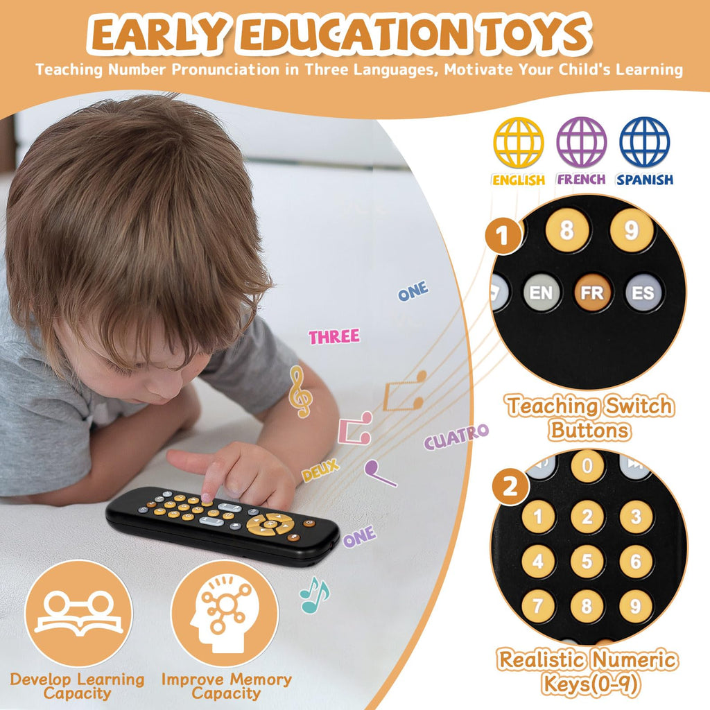 Orzbow Baby Remote Control Toy – Musical Toy with Realistic Light & Sound, English/French/Spanish, BPA-Free, Black (6 Months+)