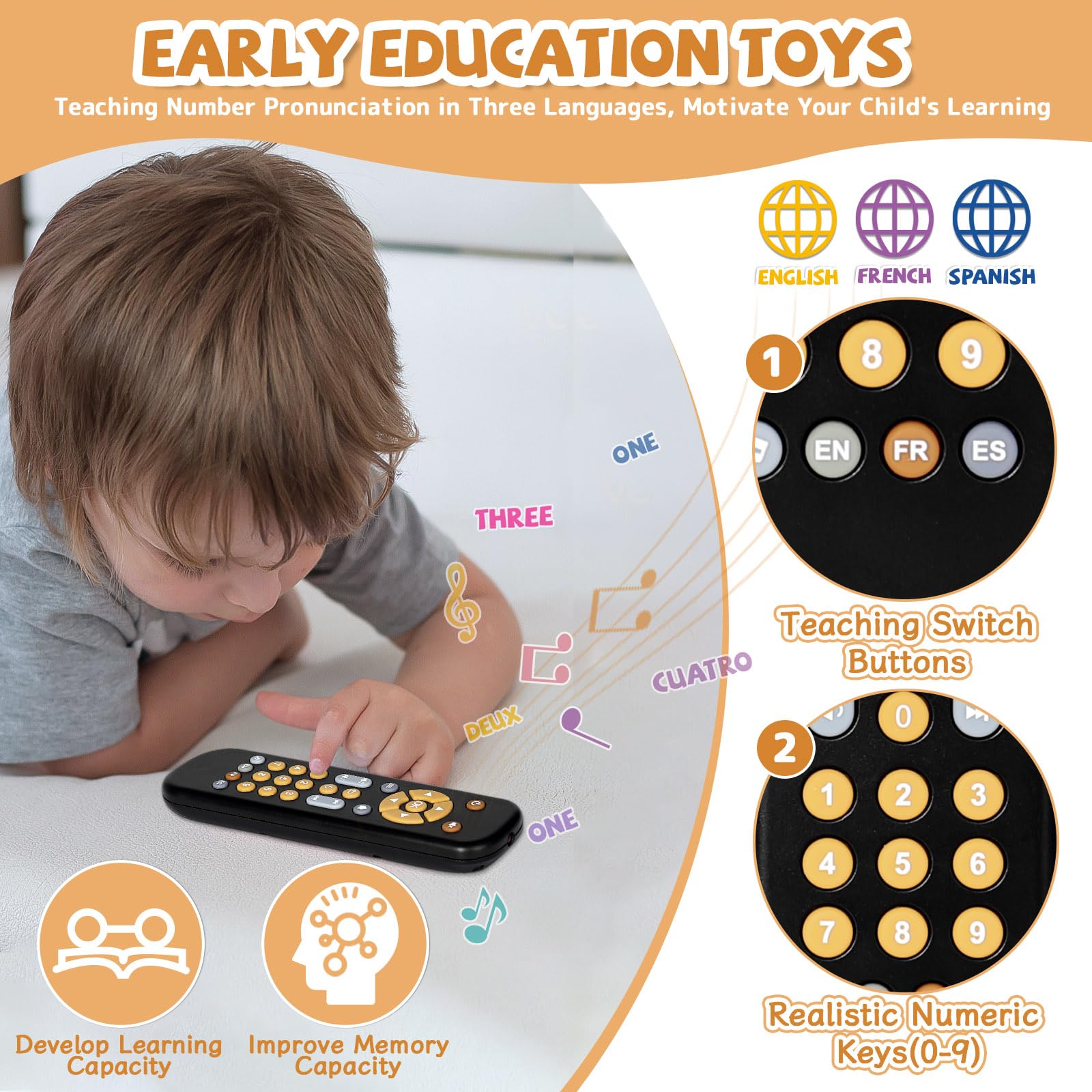 Orzbow Baby Remote Control Toy – Musical Toy with Realistic Light & Sound, English/French/Spanish, BPA-Free, Black (6 Months+)