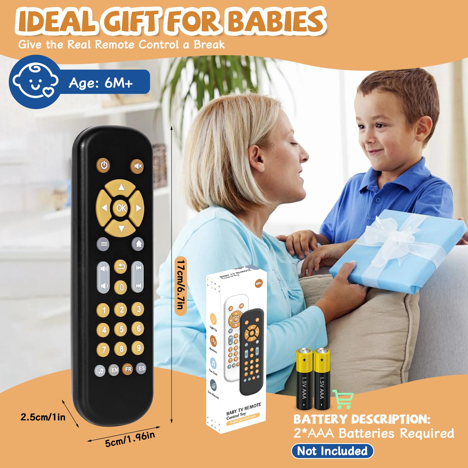 Orzbow Baby Remote Control Toy – Musical Toy with Realistic Light & Sound, English/French/Spanish, BPA-Free, Black (6 Months+)