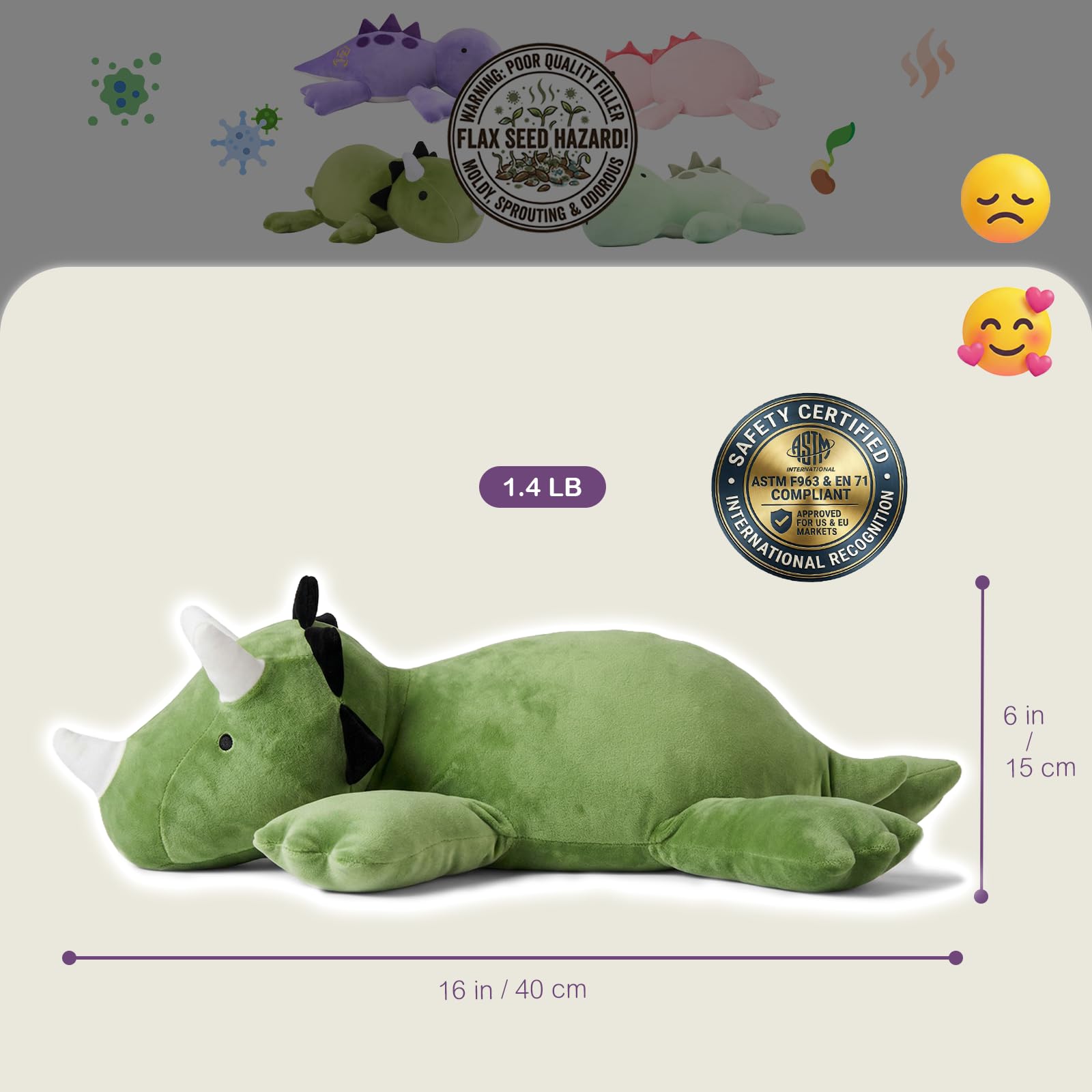 OSOCU Green Triceratops Microwavable Heating Pad - 16 Inch Weighted Plush Dinosaur with Lavender Scent