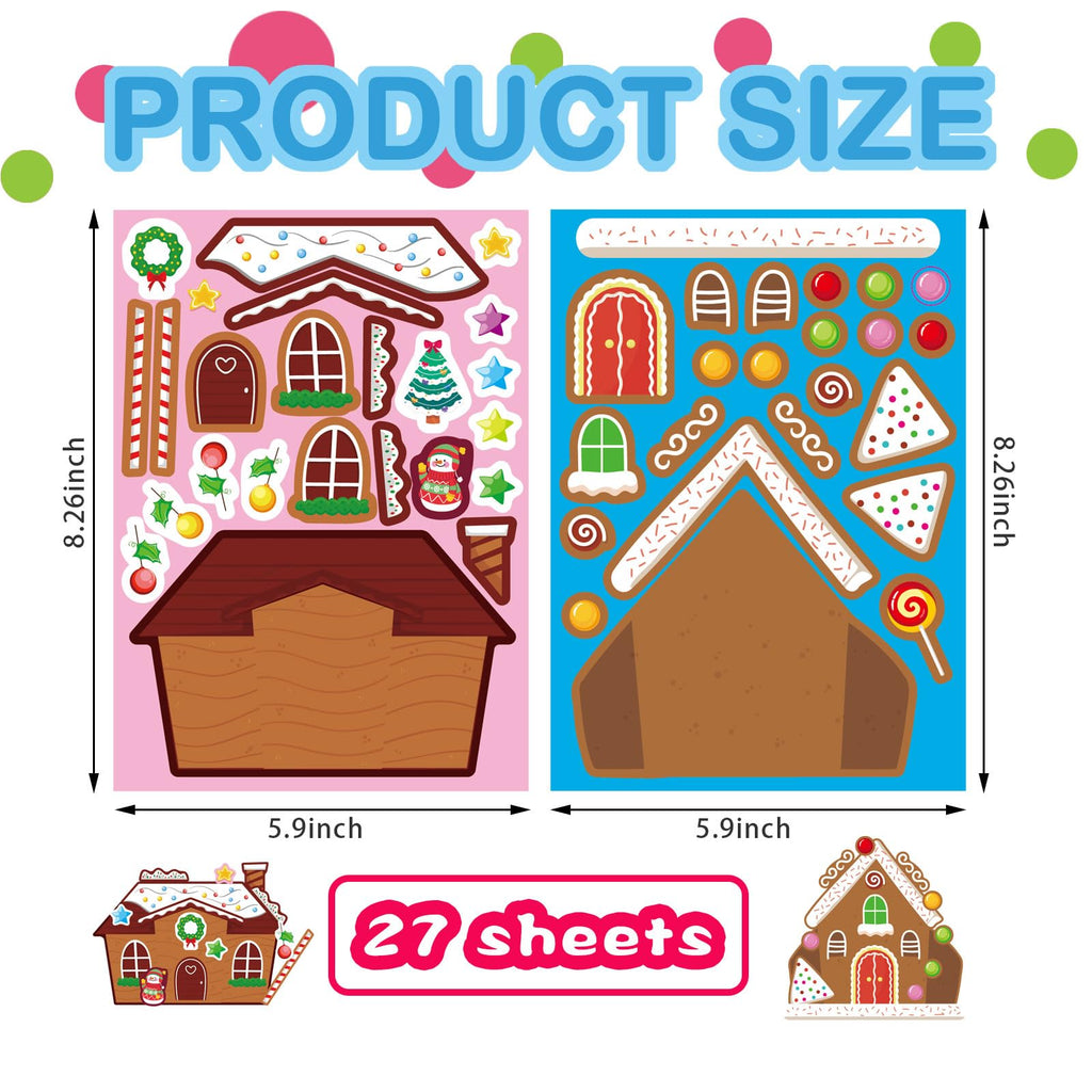 OTAITY 27 PCS Gingerbread House Stickers - DIY Christmas Craft for Kids - Waterproof Vinyl Stickers for Gift Wrap, Scrapbooking, and Party Decor
