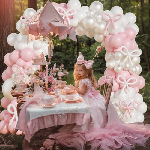 OTLGEUA 149-Piece Pink & Pearl White Balloon Garland Arch Kit with Bow - Coquette Birthday Party Decorations