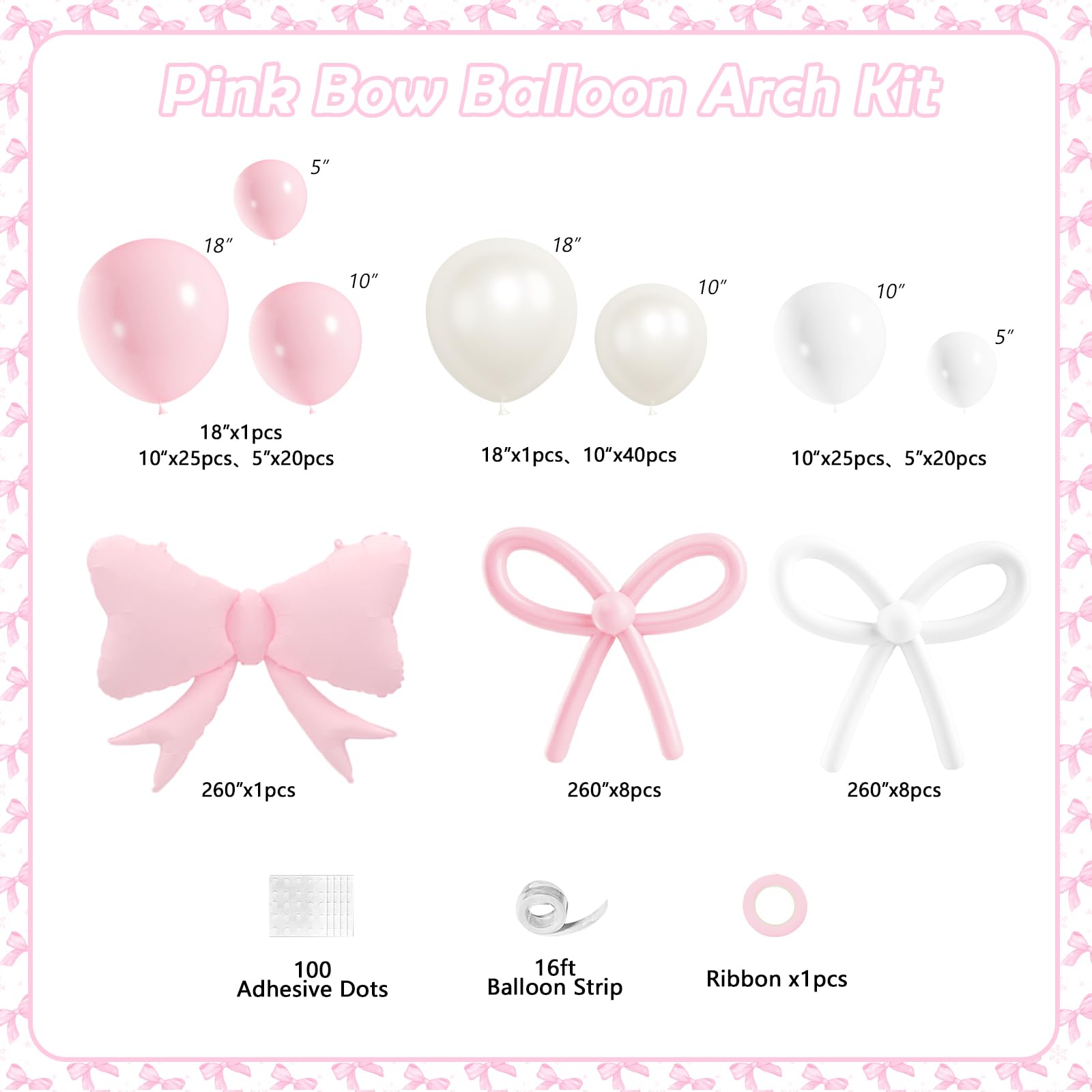 OTLGEUA 149-Piece Pink & Pearl White Balloon Garland Arch Kit with Bow - Coquette Birthday Party Decorations