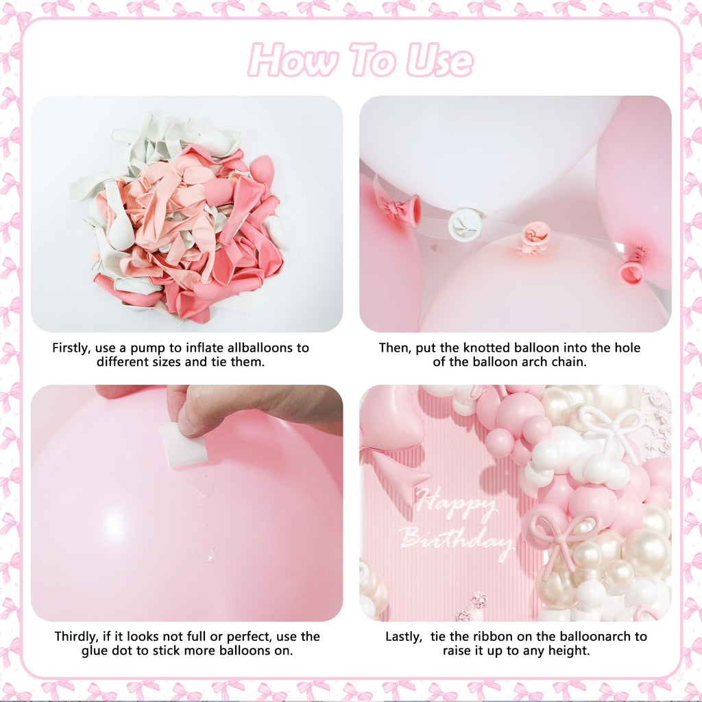 OTLGEUA 149-Piece Pink & Pearl White Balloon Garland Arch Kit with Bow - Coquette Birthday Party Decorations