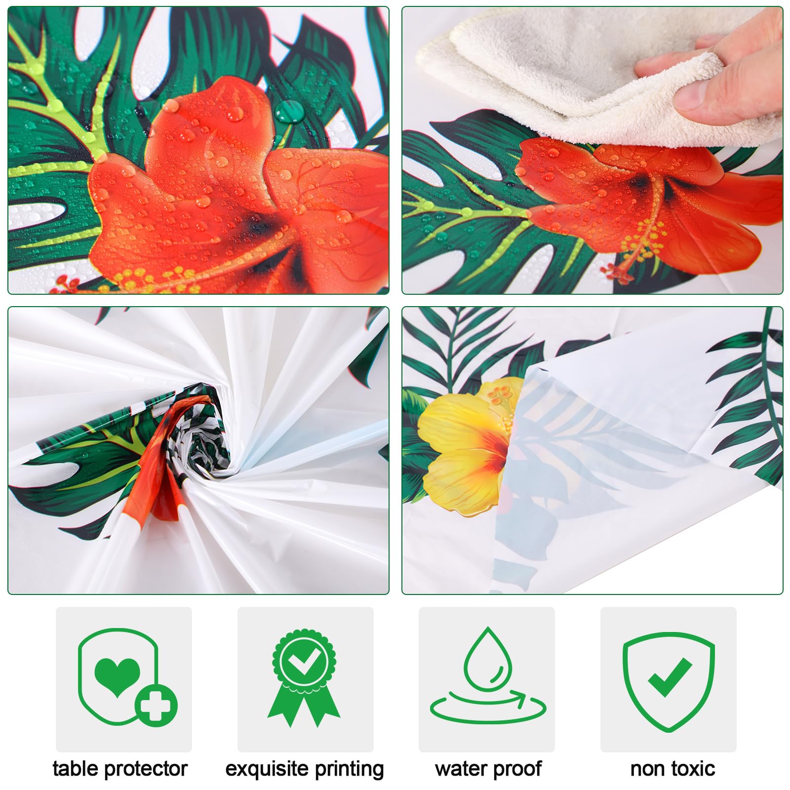 Oudain 3-Pack 84-Inch Round Hawaiian Tablecloths – White PE Plastic Tropical Luau Party Decor with Palm Leaves & Hibiscus