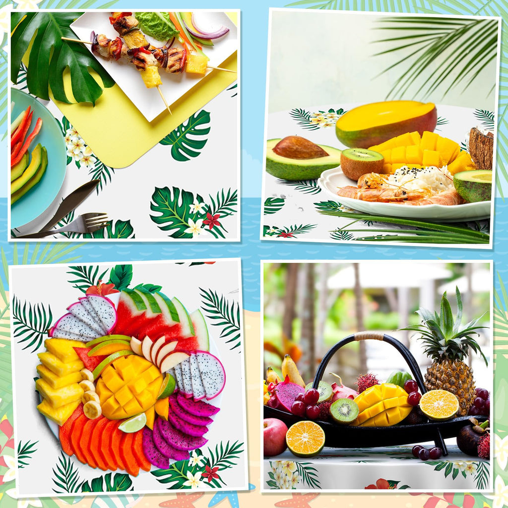 Oudain 3-Pack 84-Inch Round Hawaiian Tablecloths – White PE Plastic Tropical Luau Party Decor with Palm Leaves & Hibiscus