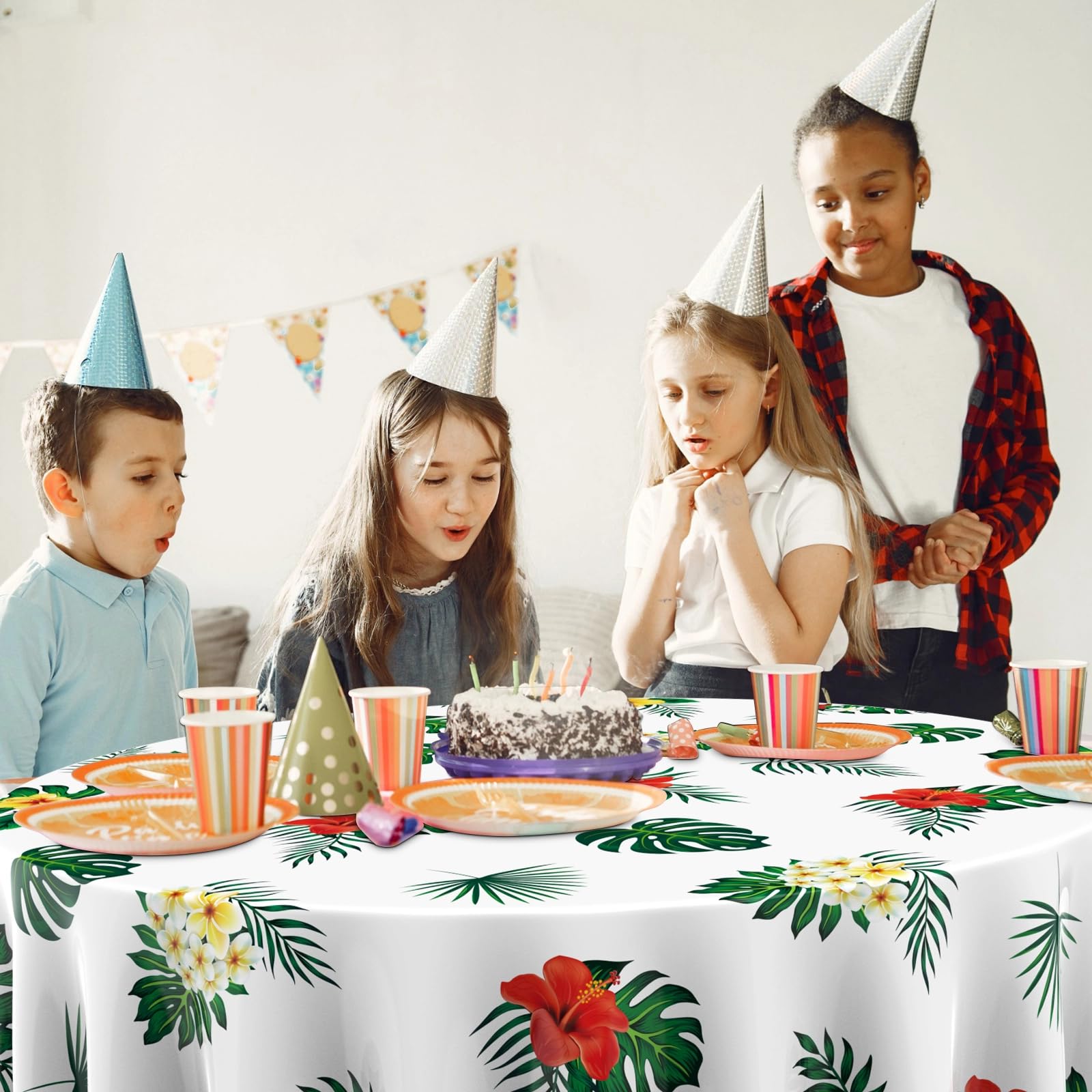 Oudain 3-Pack 84-Inch Round Hawaiian Tablecloths – White PE Plastic Tropical Luau Party Decor with Palm Leaves & Hibiscus