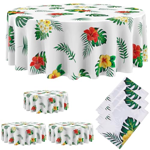 Oudain 3-Pack 84-Inch Round Hawaiian Tablecloths – White PE Plastic Tropical Luau Party Decor with Palm Leaves & Hibiscus