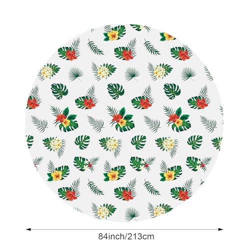 Oudain 3-Pack 84-Inch Round Hawaiian Tablecloths – White PE Plastic Tropical Luau Party Decor with Palm Leaves & Hibiscus