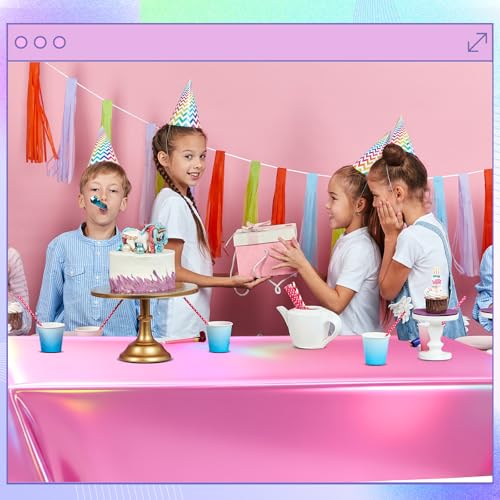Oudain 3-Pack Iridescent Party Tablecloths (54x108 Inches) – Purple, Pink & Silver Rectangle Plastic Table Covers for Kpop Birthdays & Themed Events