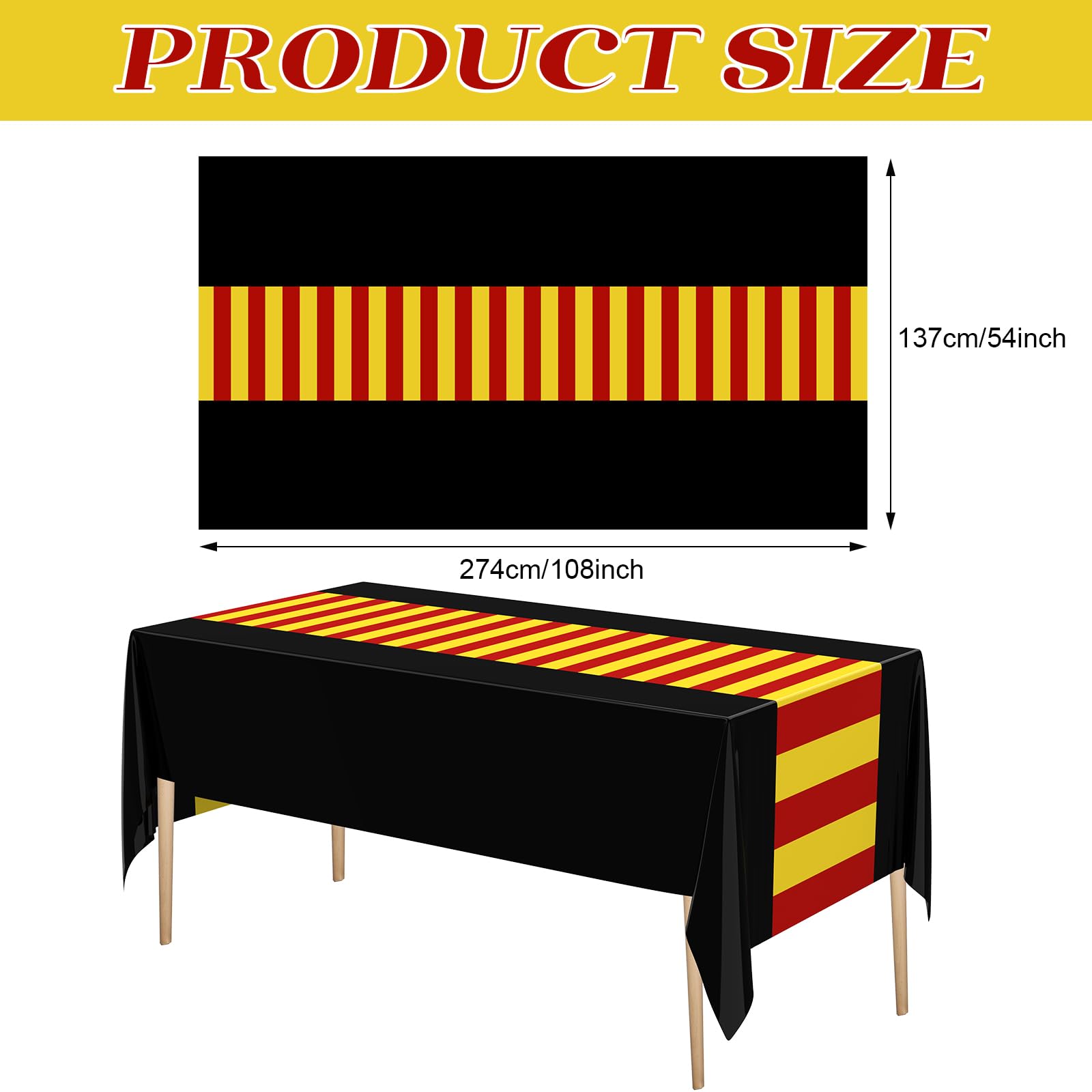 Oudain 3-Pack Wizard Tablecloth 54x108 Inches Plastic Black Red Gold Stripes for Halloween Birthday Party