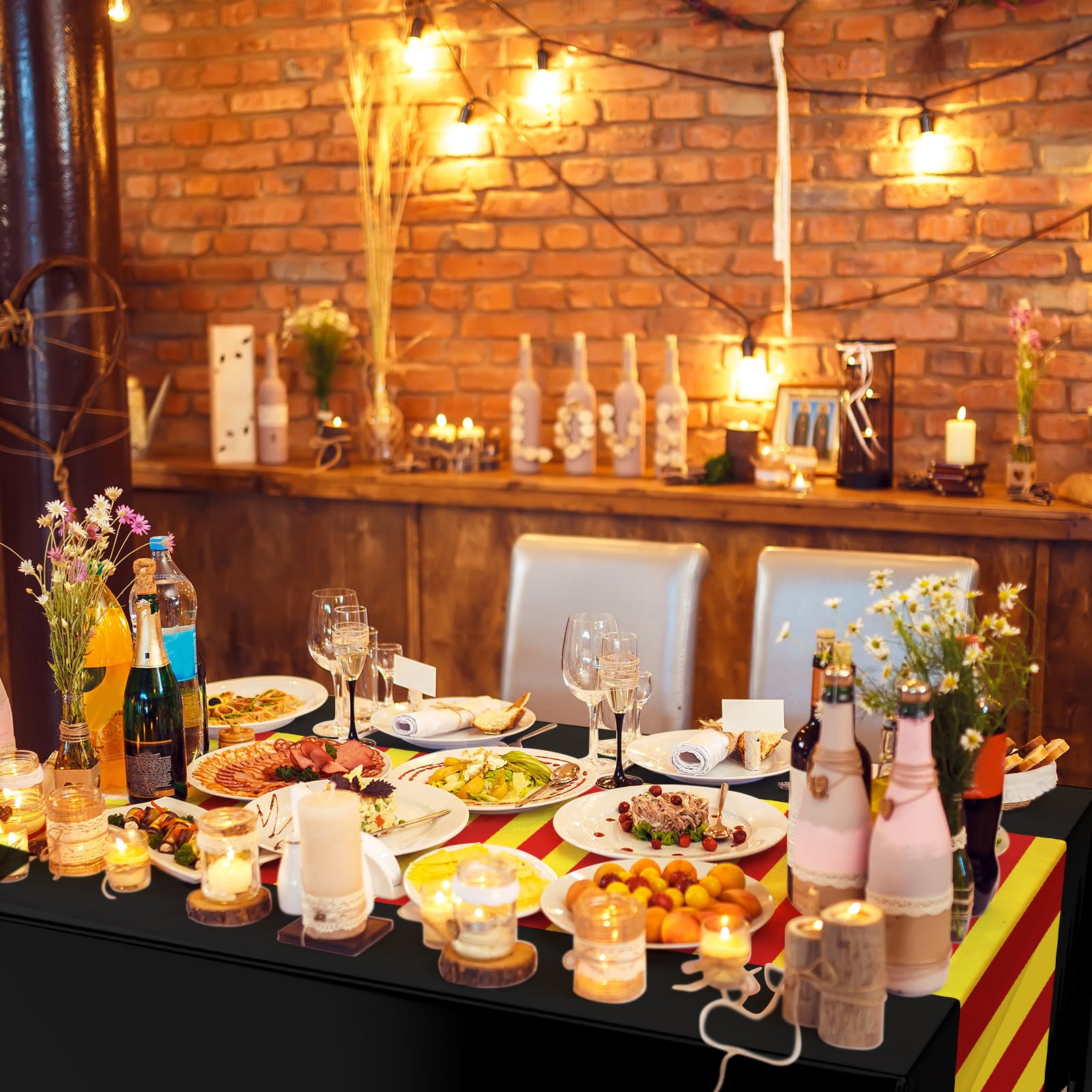 Oudain 3-Pack Wizard Tablecloth 54x108 Inches Plastic Black Red Gold Stripes for Halloween Birthday Party