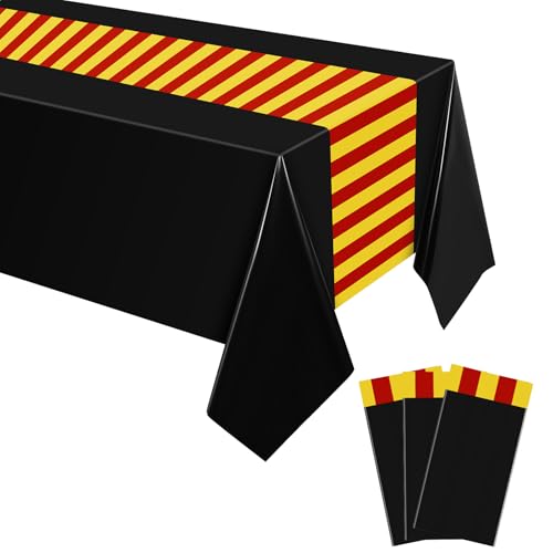 Oudain 3-Pack Wizard Tablecloth 54x108 Inches Plastic Black Red Gold Stripes for Halloween Birthday Party