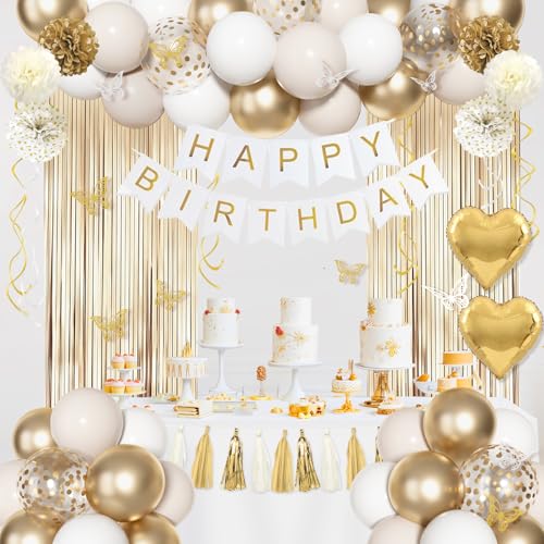 Ouddy Life 105-Piece Gold and White Birthday Party Decorations Kit with Foil Balloons, Fringe Curtains, and More