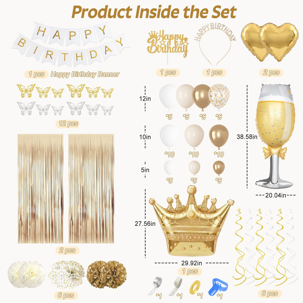 Ouddy Life 105-Piece Gold and White Birthday Party Decorations Kit with Foil Balloons, Fringe Curtains, and More
