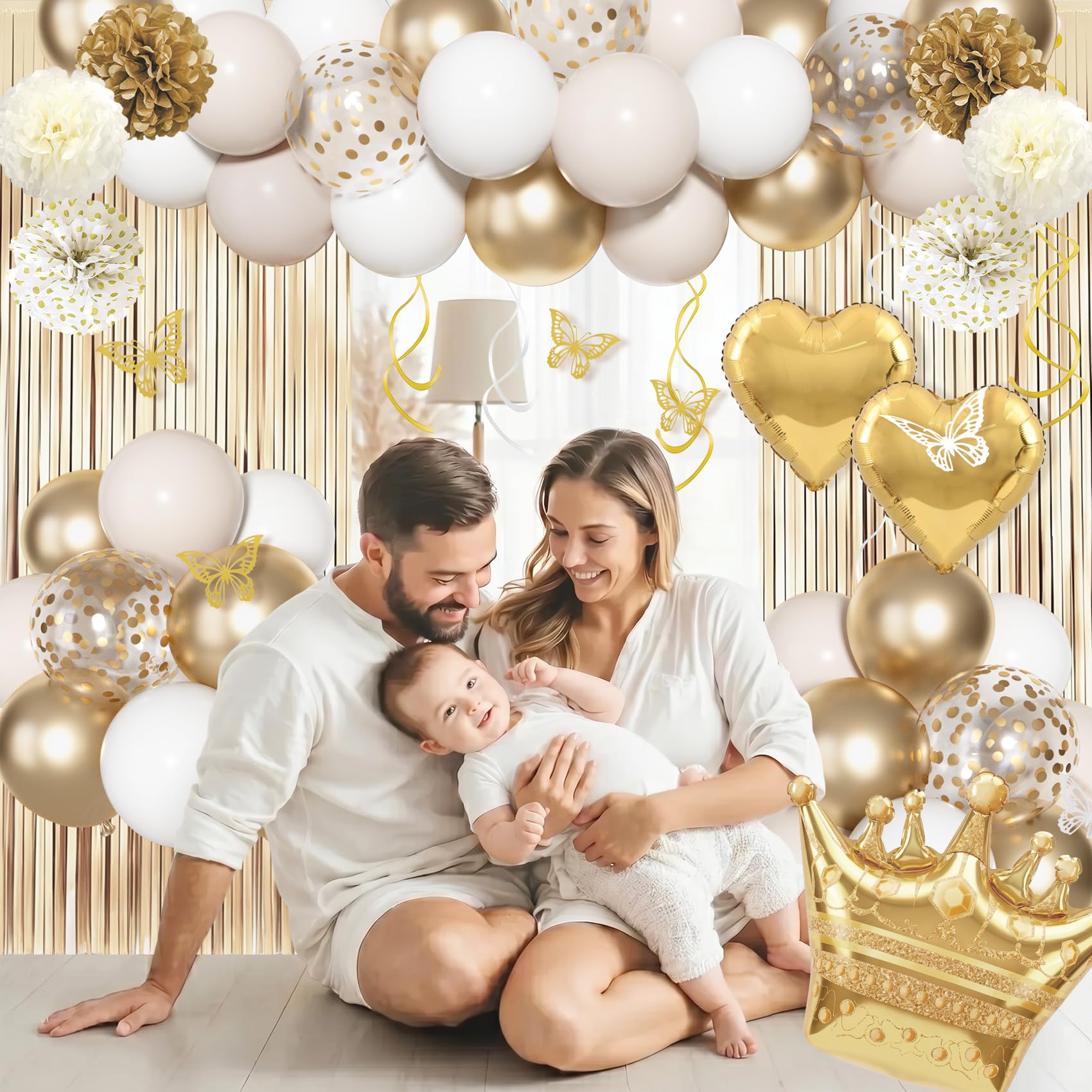 Ouddy Life 105-Piece Gold and White Birthday Party Decorations Kit with Foil Balloons, Fringe Curtains, and More