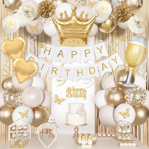 Ouddy Life 105-Piece Gold and White Birthday Party Decorations Kit with Foil Balloons, Fringe Curtains, and More
