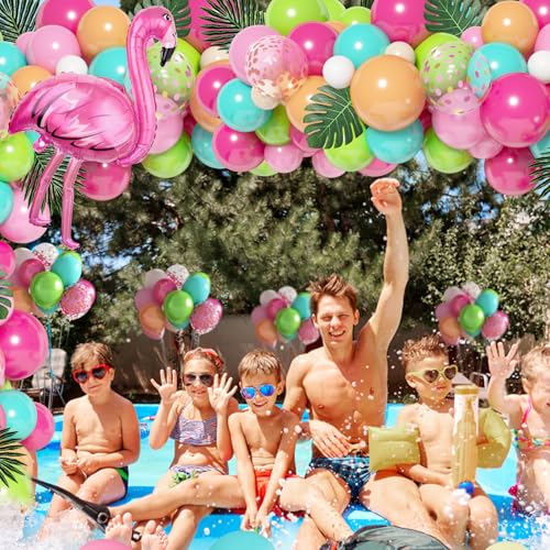 Ouddy Life 124-Piece Tropical Balloon Arch Kit - Green, Hot Pink, Rose Gold Confetti Balloons for Hawaiian Luau Birthday Party Decorations
