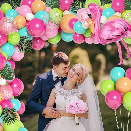 Ouddy Life 124-Piece Tropical Balloon Arch Kit - Green, Hot Pink, Rose Gold Confetti Balloons for Hawaiian Luau Birthday Party Decorations