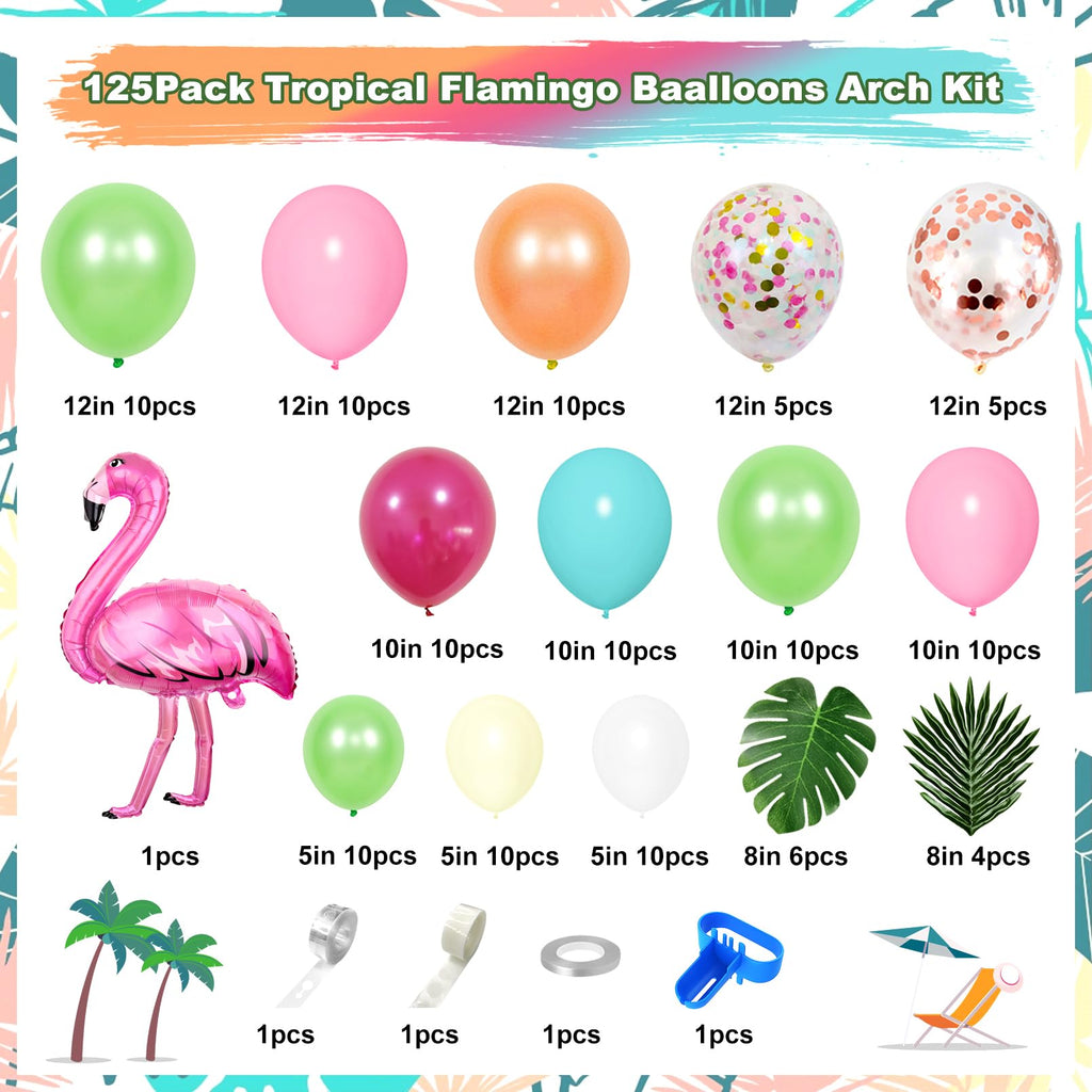 Ouddy Life 124-Piece Tropical Balloon Arch Kit - Green, Hot Pink, Rose Gold Confetti Balloons for Hawaiian Luau Birthday Party Decorations