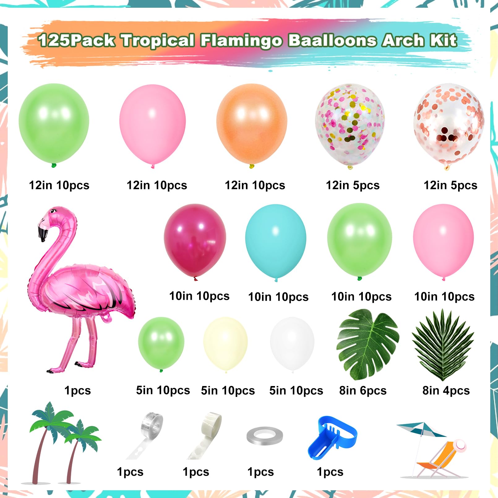 Ouddy Life 124-Piece Tropical Balloon Arch Kit - Green, Hot Pink, Rose Gold Confetti Balloons for Hawaiian Luau Birthday Party Decorations