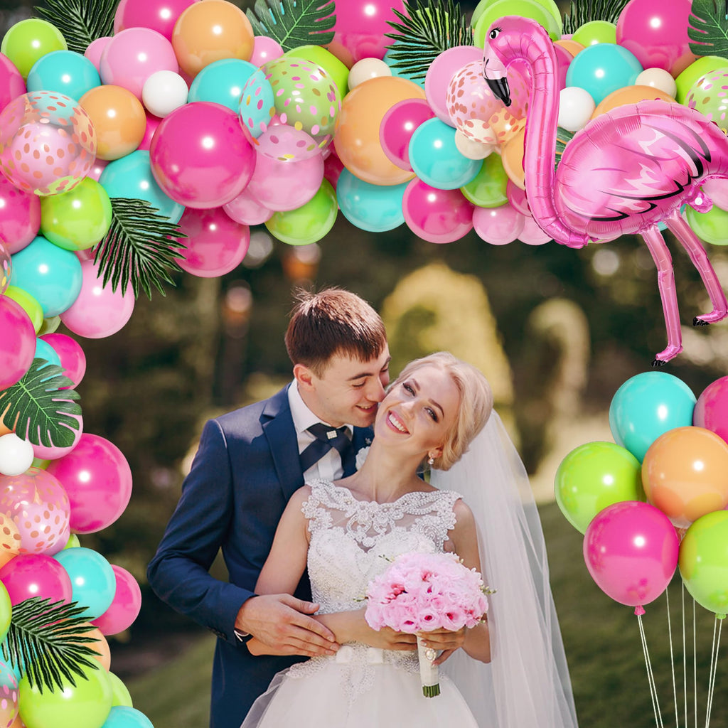 Ouddy Life 124-Piece Tropical Balloon Arch Kit - Green, Hot Pink, Rose Gold Confetti Balloons for Hawaiian Luau Birthday Party Decorations
