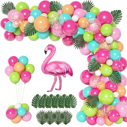 Ouddy Life 124-Piece Tropical Balloon Arch Kit - Green, Hot Pink, Rose Gold Confetti Balloons for Hawaiian Luau Birthday Party Decorations