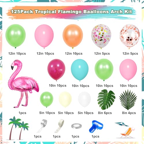 Ouddy Life 124-Piece Tropical Balloon Arch Kit - Green, Hot Pink, Rose Gold Confetti Balloons for Hawaiian Luau Birthday Party Decorations
