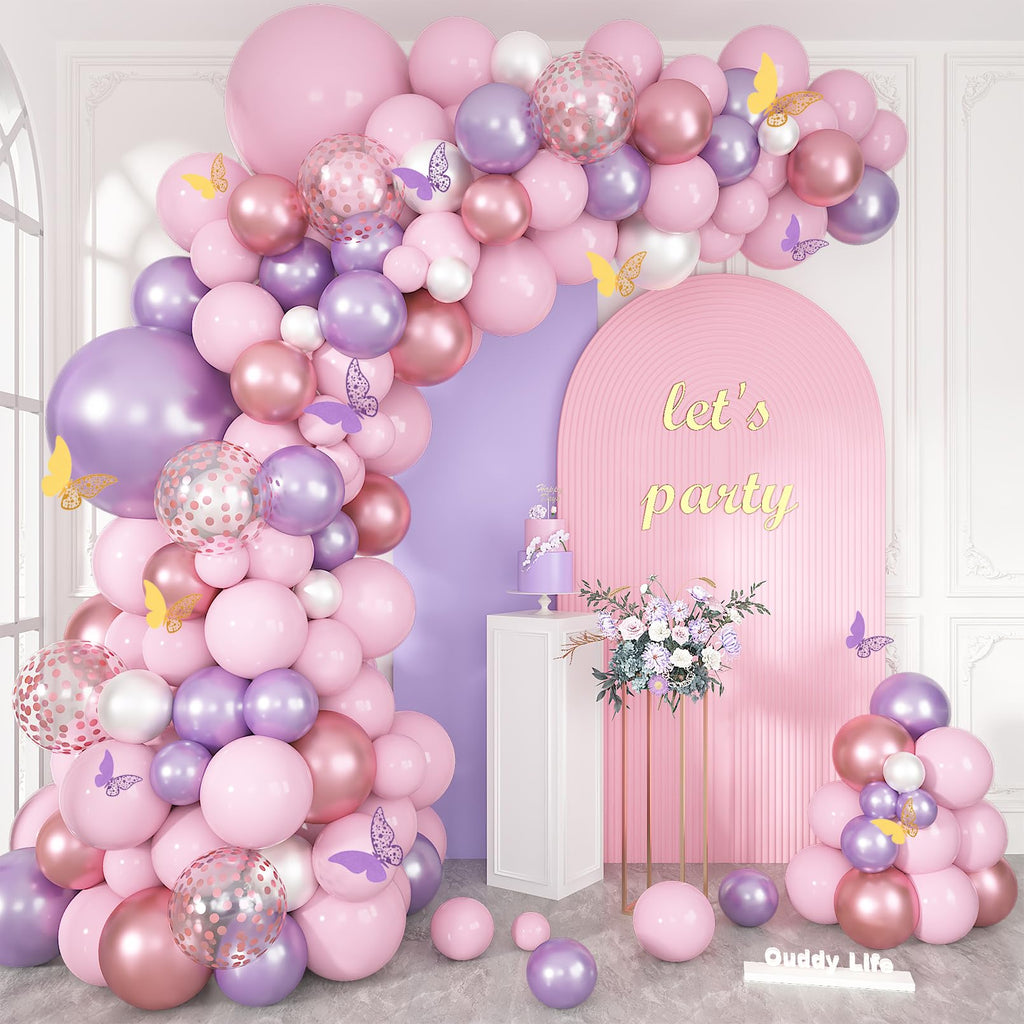 Ouddy Life 143-Piece Pink and Purple Butterfly Balloon Garland Arch Kit for Baby Shower and Birthday Party Decorations