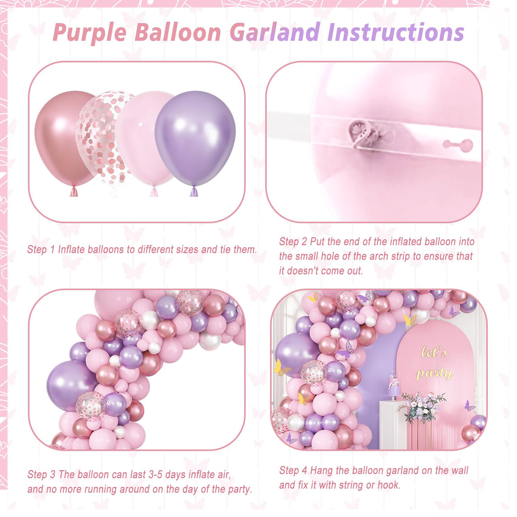 Ouddy Life 143-Piece Pink and Purple Butterfly Balloon Garland Arch Kit for Baby Shower and Birthday Party Decorations