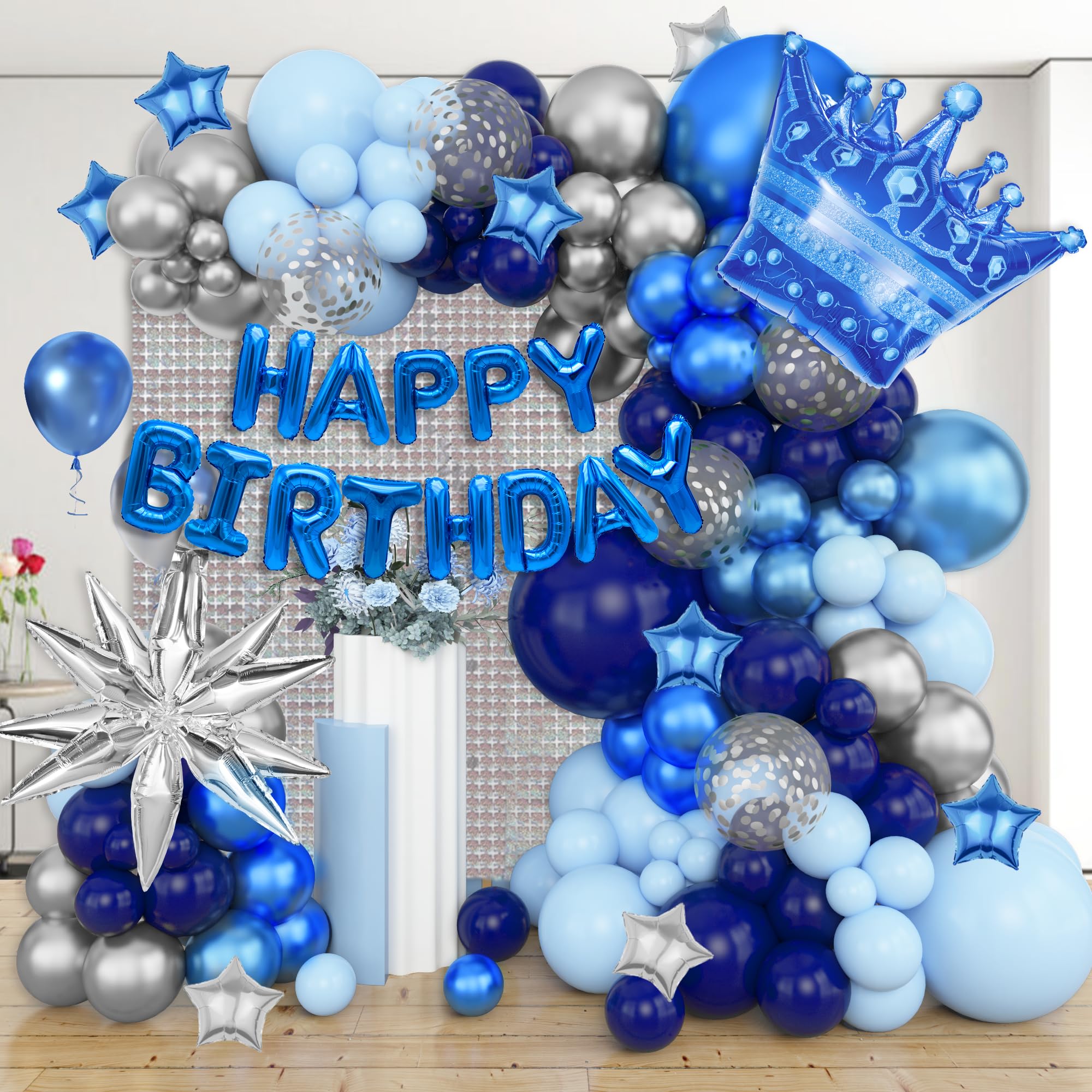 Ouddy Life 164-Piece Blue & Silver Balloon Kit for Men's Birthday – Navy Blue, Star Foil, and Fringe Decor for 21st 25th 30th 50th Parties