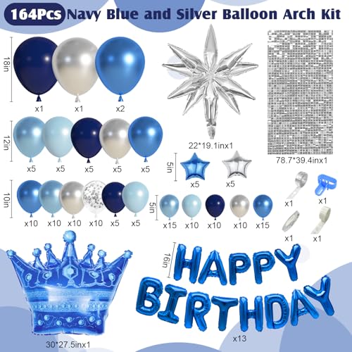 Ouddy Life 164-Piece Blue & Silver Balloon Kit for Men's Birthday – Navy Blue, Star Foil, and Fringe Decor for 21st 25th 30th 50th Parties